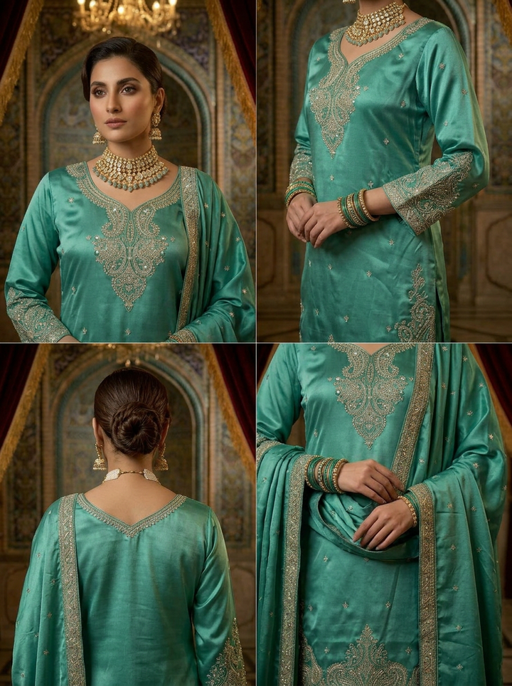 Sea Green Silk Embroidery Palazzo Set With Dupatta