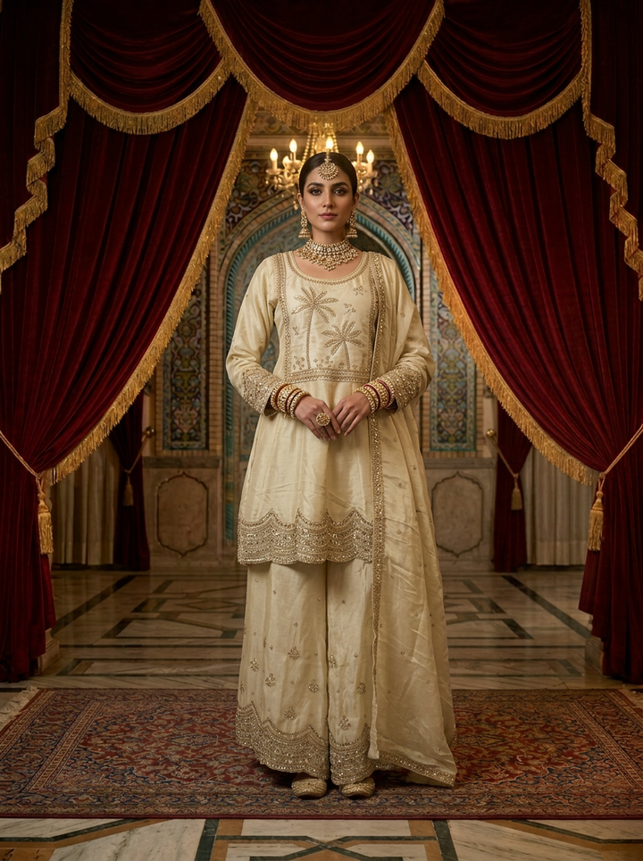 Beige Tissue Zar Embroidered Sharara Set With Dupatta