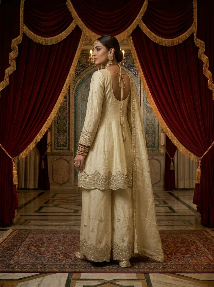 Beige Tissue Zar Embroidered Sharara Set With Dupatta