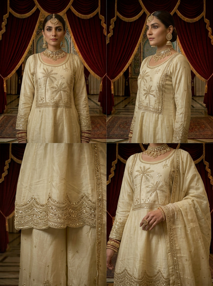 Beige Tissue Zar Embroidered Sharara Set With Dupatta