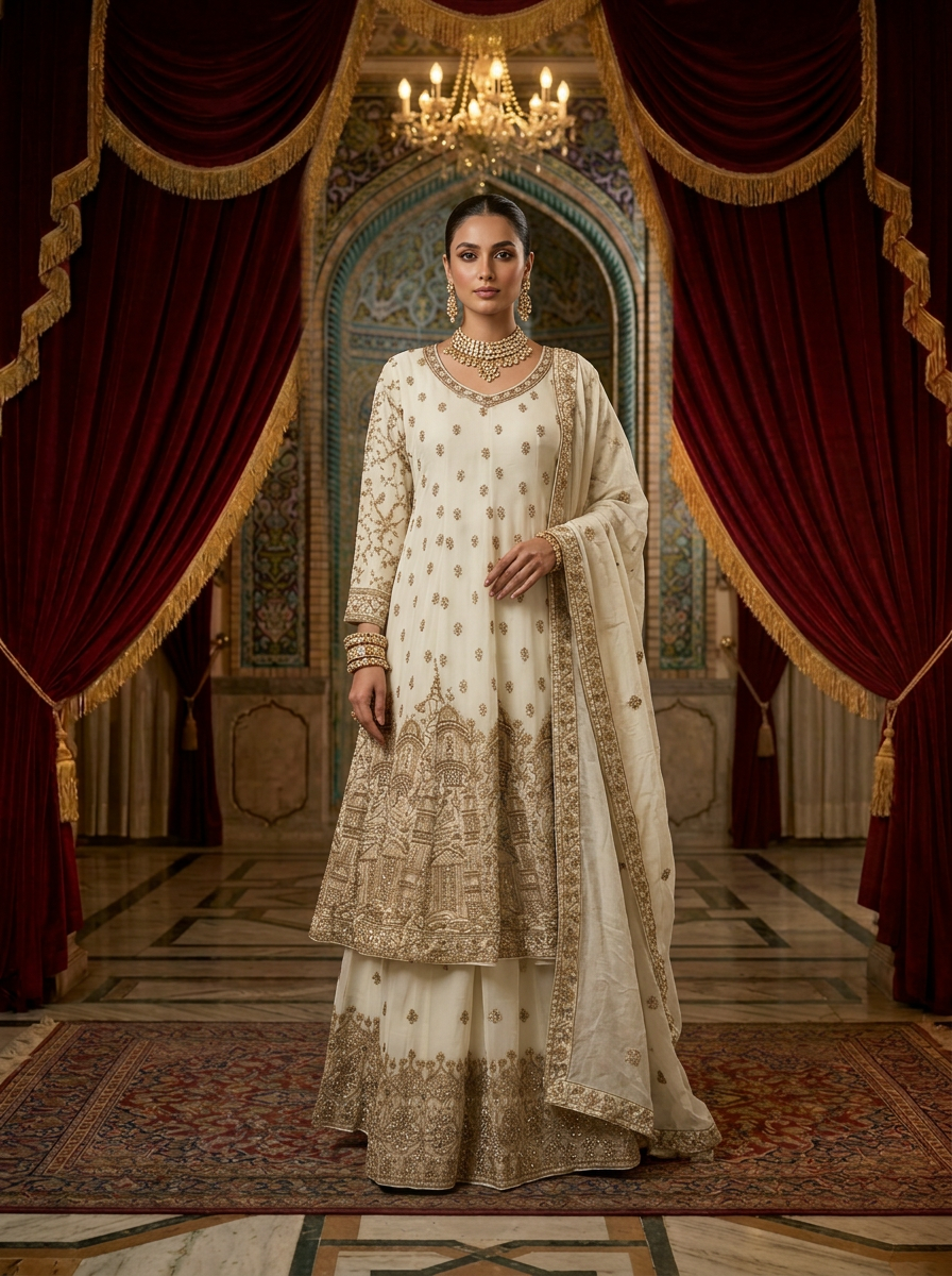 Neerus Beige Ethnic Hand Embroidered Georgette Straight Suit Set
