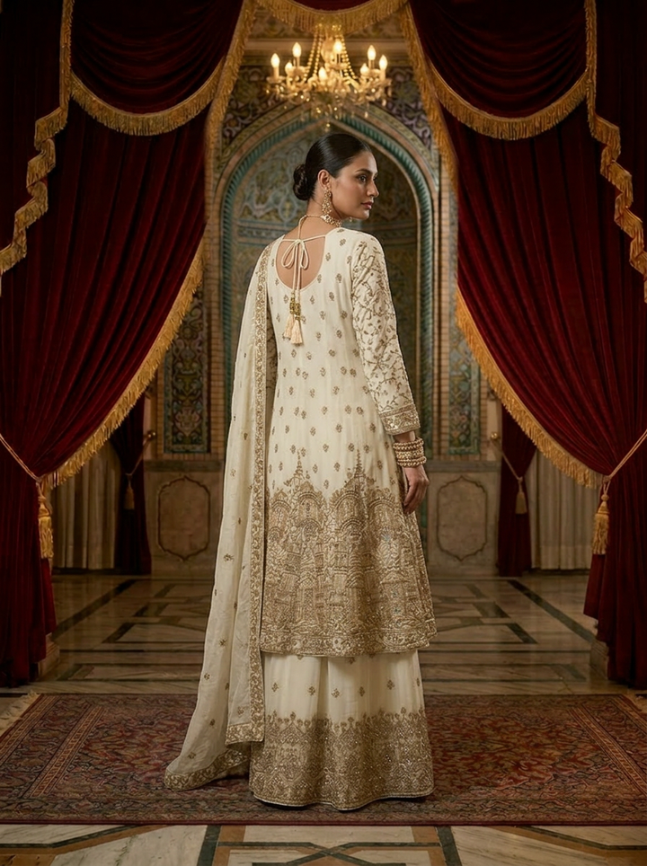 Cream Georgette Ethnic Embroidery Sharara Set With Dupatta