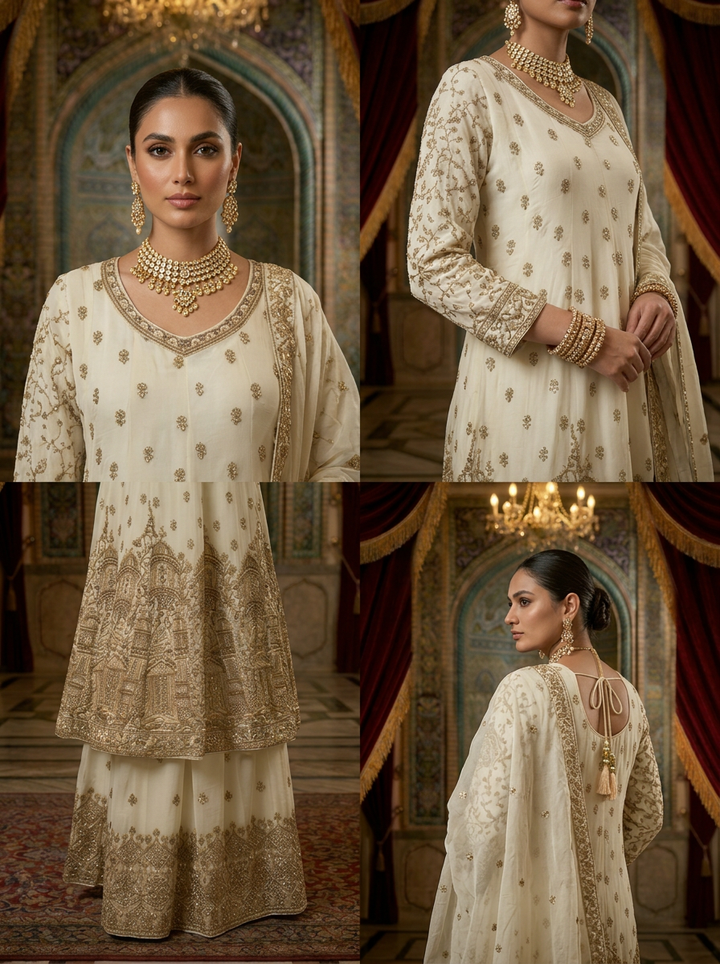 Cream Georgette Ethnic Embroidery Sharara Set With Dupatta