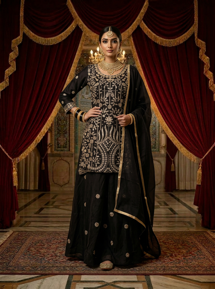 Wine Silk Embroidery Palazzo Set With Dupatta