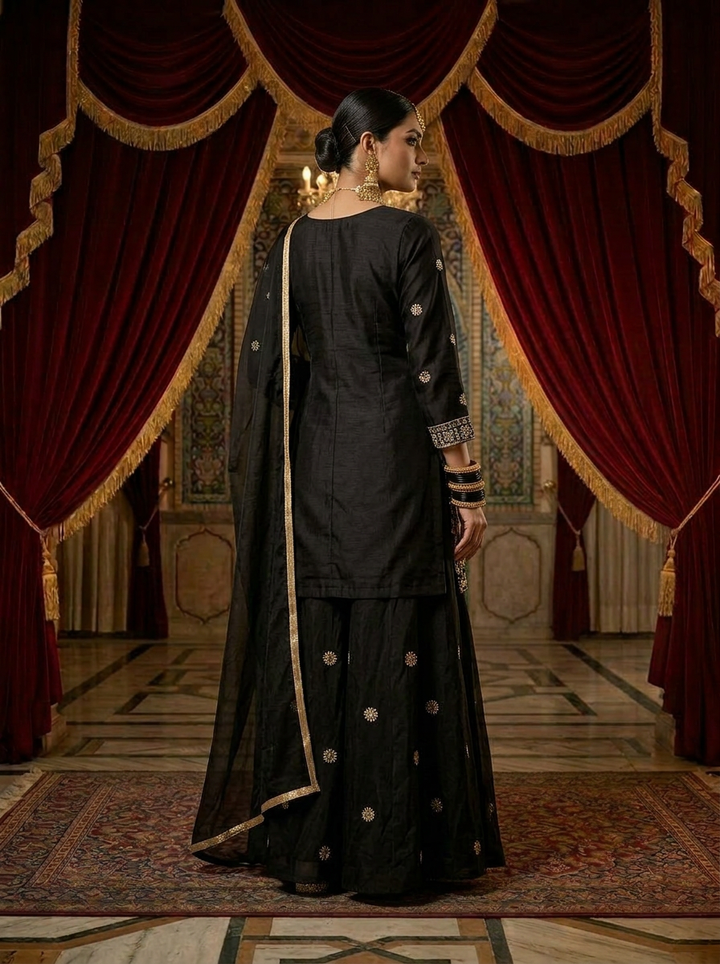 Wine Silk Embroidery Palazzo Set With Dupatta