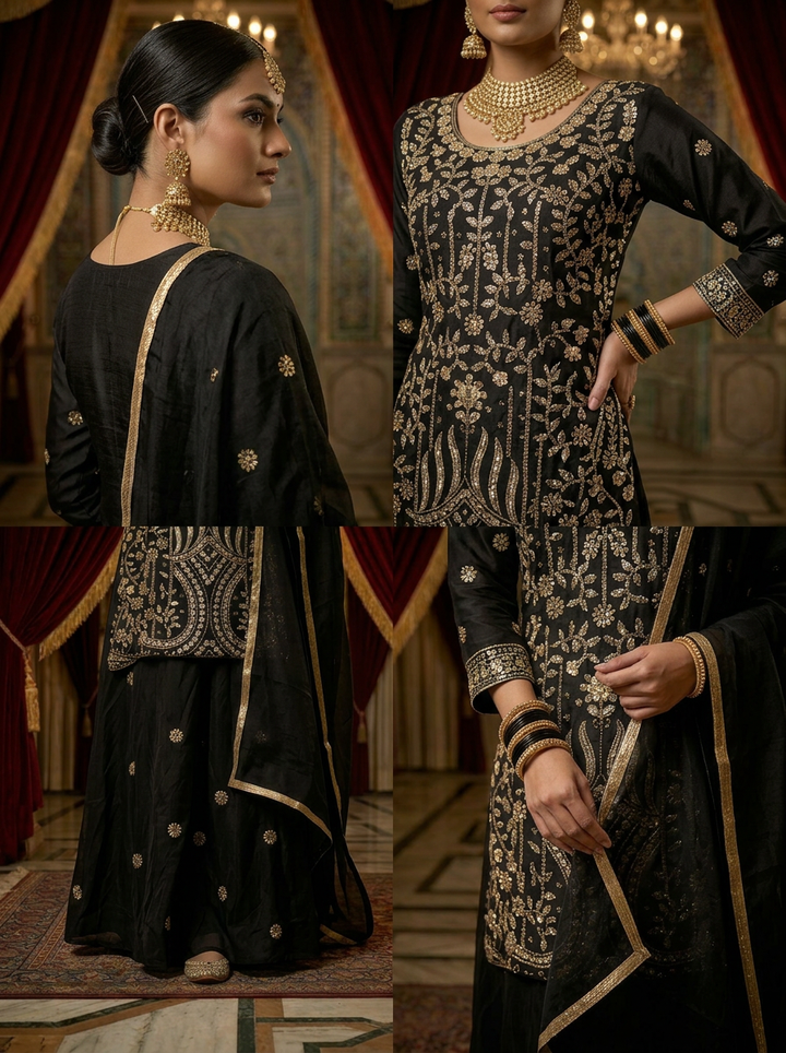 Wine Silk Embroidery Palazzo Set With Dupatta