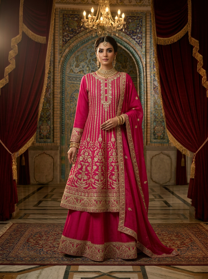 Pink Chinon Heavy Embroidery Sharara Set With Dupatta
