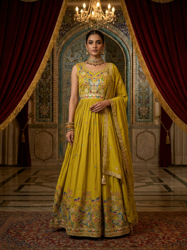 Variyali Green Chinon Floral Thread Embroidery Anarkali Set With Dupatta