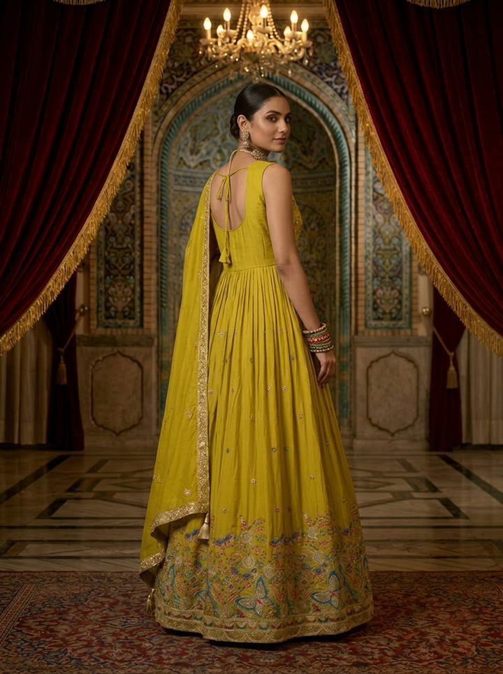 Variyali Green Chinon Floral Thread Embroidery Anarkali Set With Dupatta