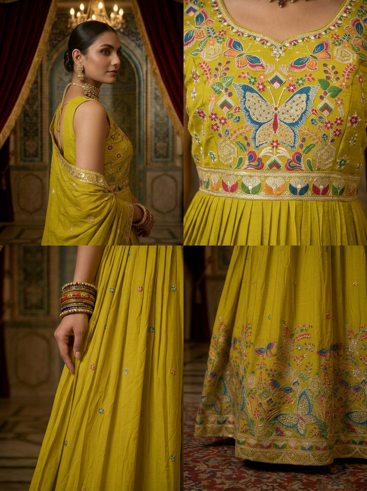 Variyali Green Chinon Floral Thread Embroidery Anarkali Set With Dupatta