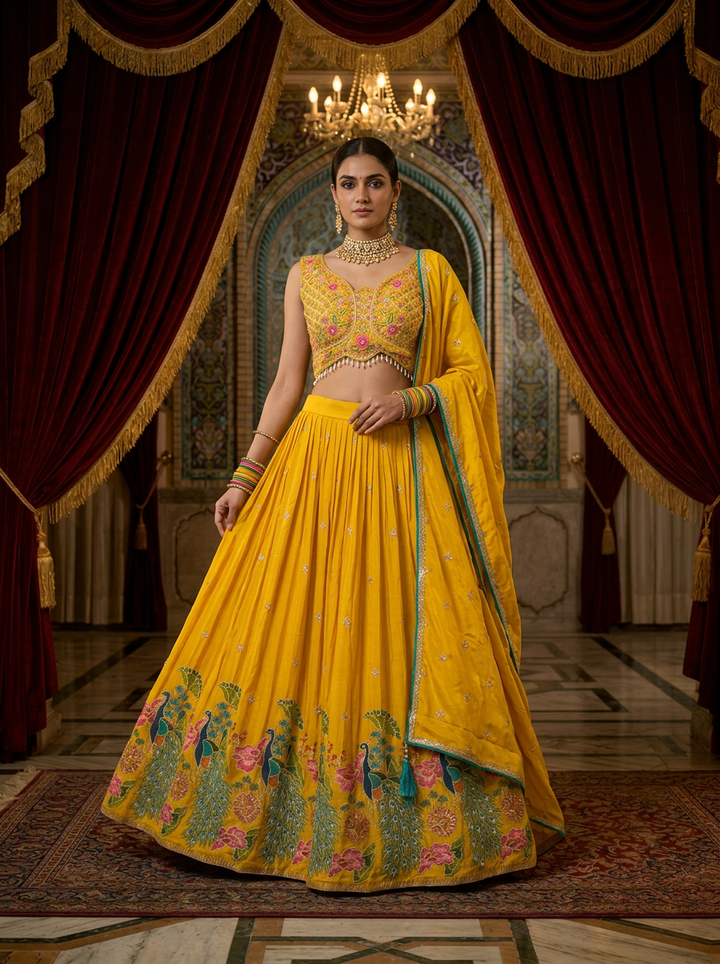 Yellow Chinon Floral Embroidery Ghagra Set