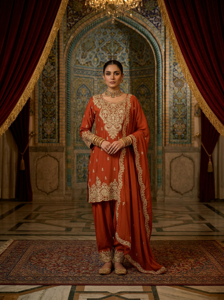 Rust Chinon Embroidery Dhoti Set With Dupatta