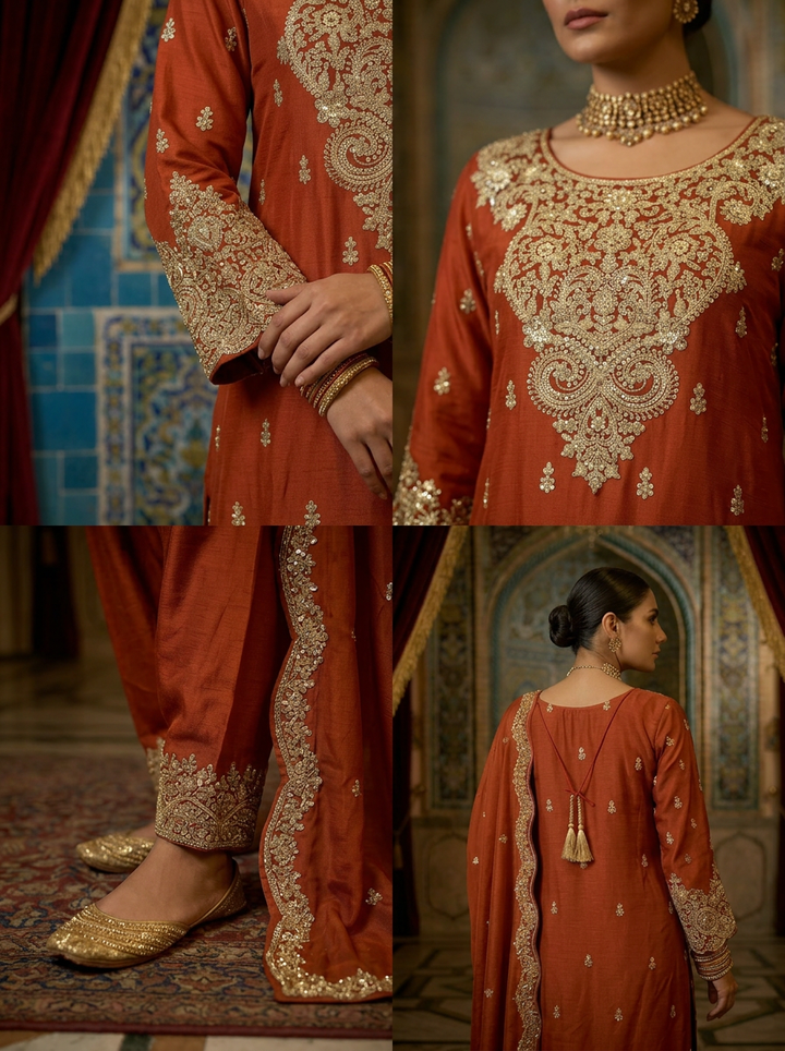 Rust Chinon Embroidery Dhoti Set With Dupatta