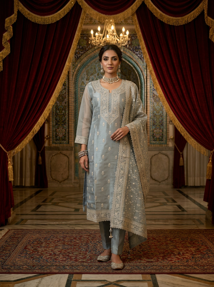 Ice Blue Tissue Heavy Stone Embroidery Three Piece Set