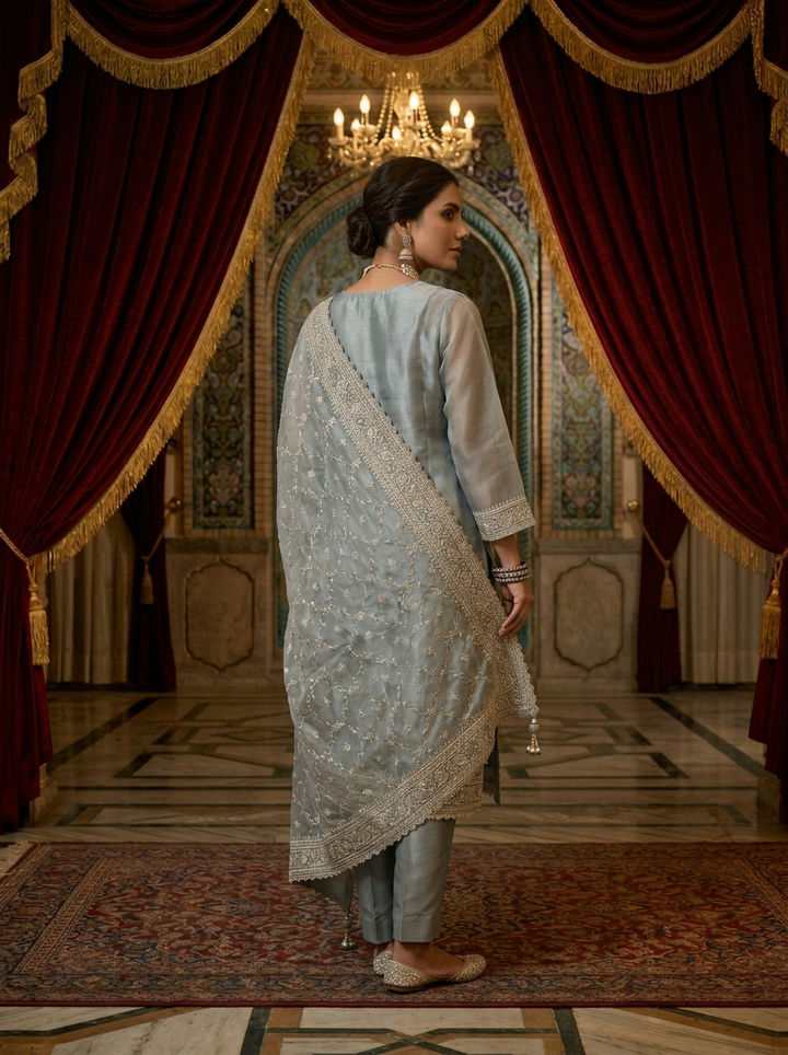 Ice Blue Tissue Heavy Stone Embroidery Three Piece Set