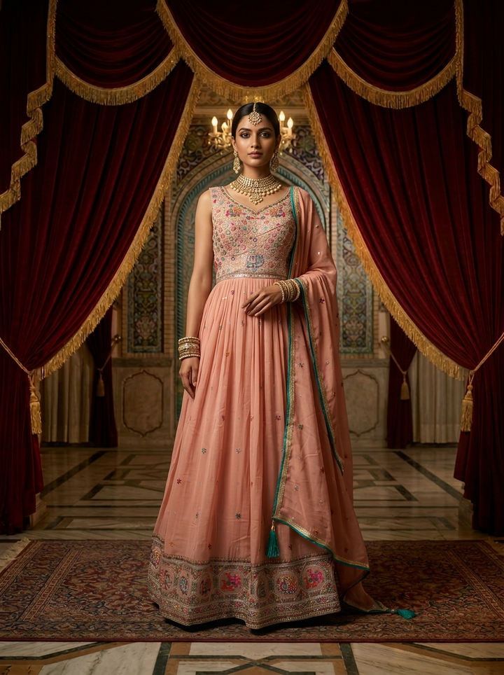 Onion Silk Floral Embroidery Anarkali Set With Dupatta