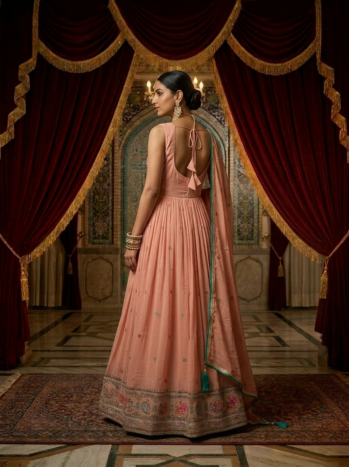 Onion Silk Floral Embroidery Anarkali Set With Dupatta