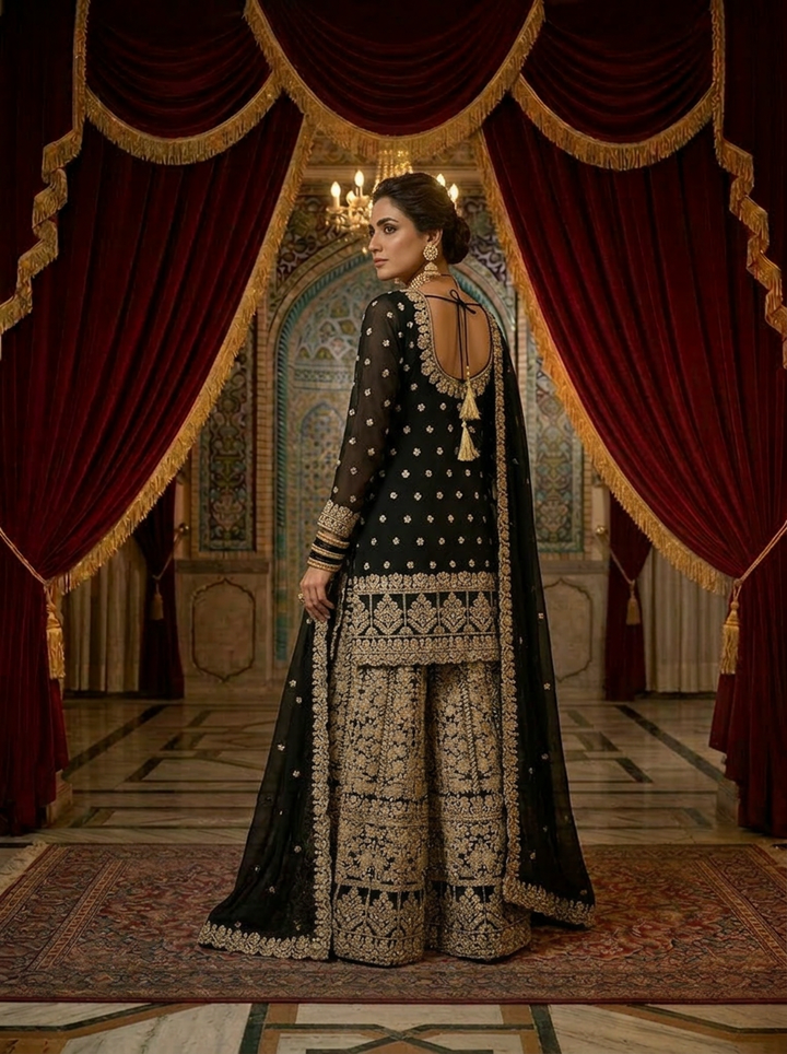 Black Georgette Heavy Zari Embroidery Palazzo Set With Dupatta