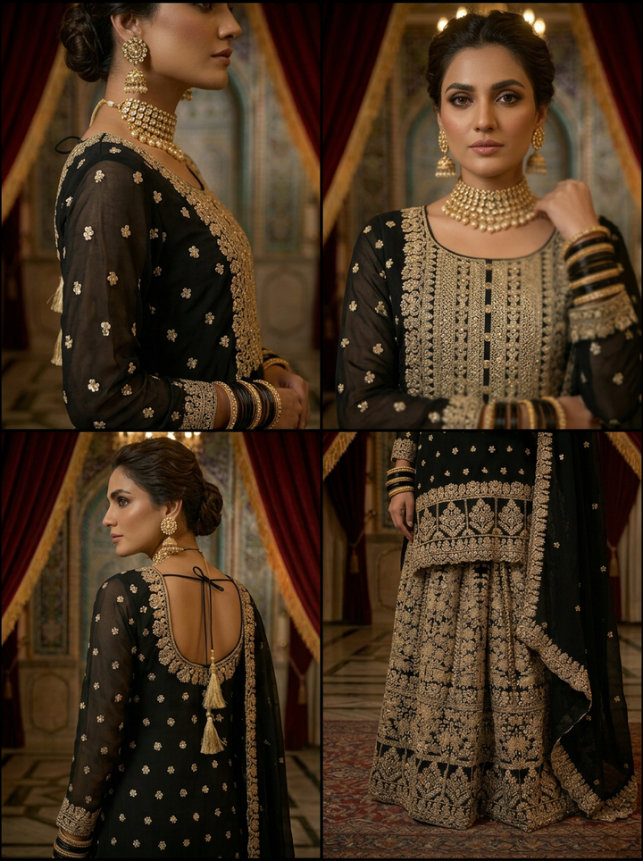 Black Georgette Heavy Zari Embroidery Palazzo Set With Dupatta