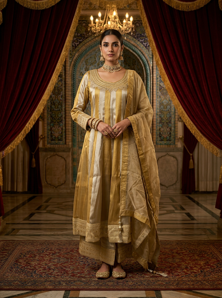 Gold Tissue Zari Embroidery Three Piece Set