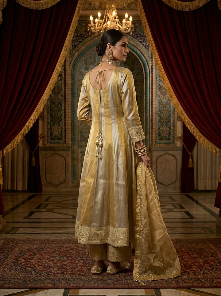 Gold Tissue Zari Embroidery Three Piece Set