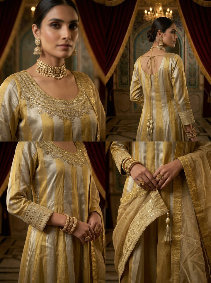 Gold Tissue Zari Embroidery Three Piece Set