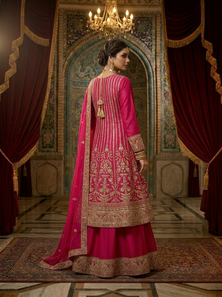 Pink Chinon Heavy Embroidery Sharara Set With Dupatta