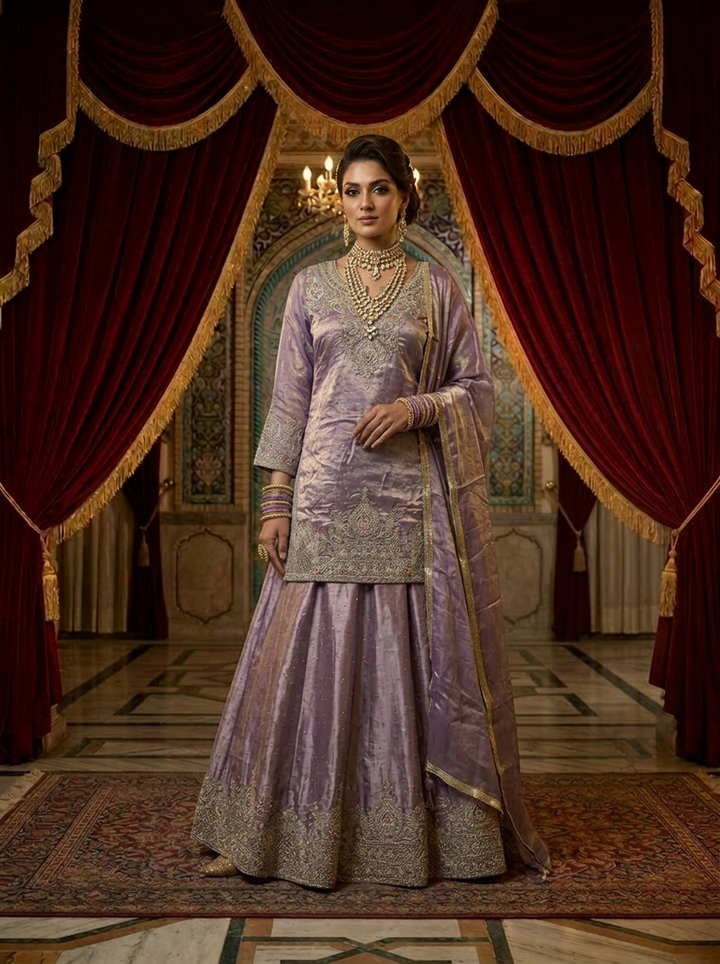 Lavender Silk Embroidery Palazzo Set With Dupatta
