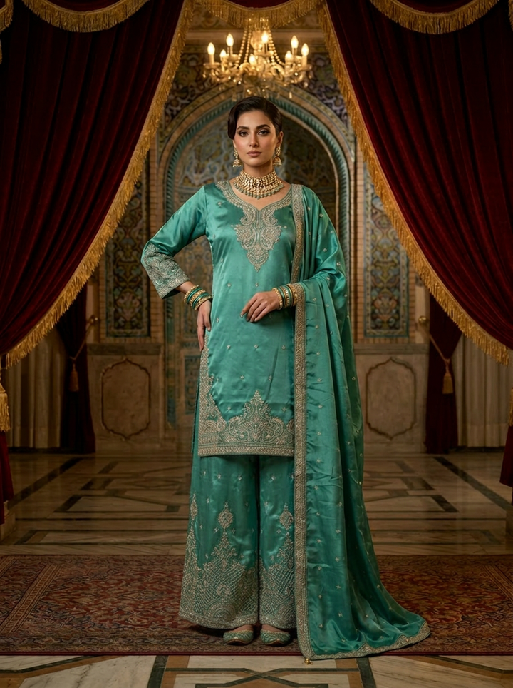 Sea Green Silk Embroidery Palazzo Set With Dupatta