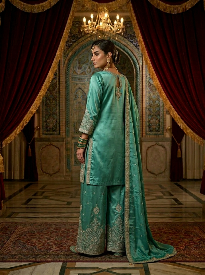 Sea Green Silk Embroidery Palazzo Set With Dupatta