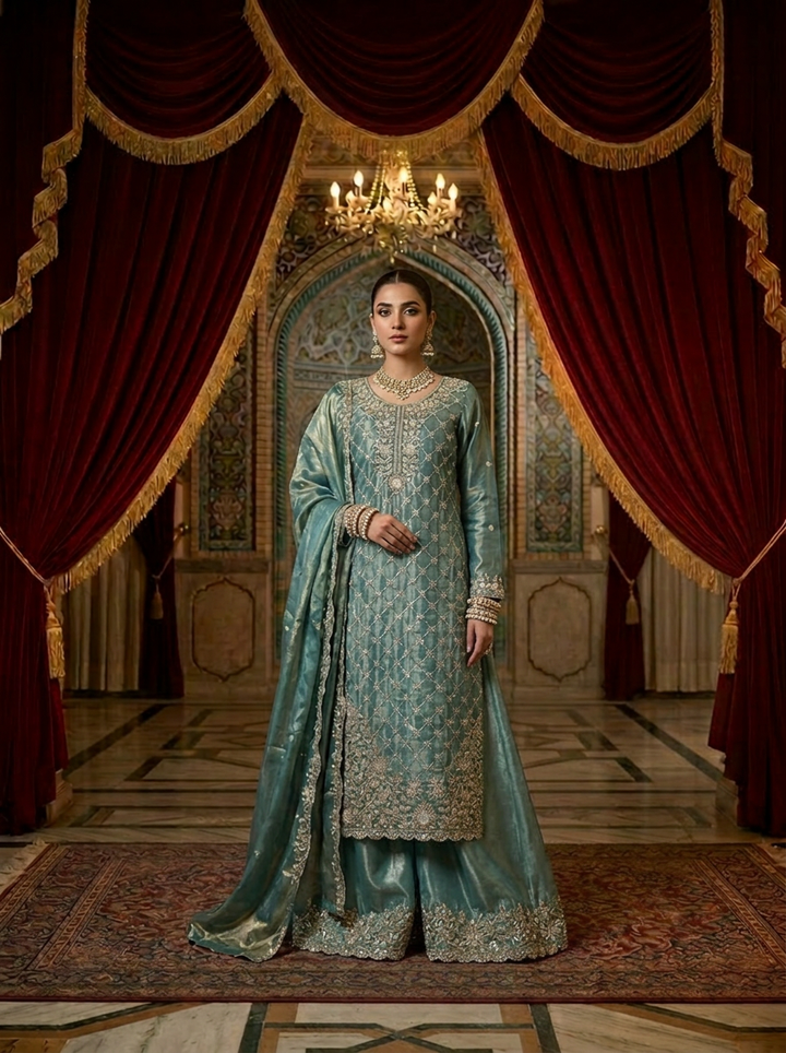 Ice Blue Silk Embroidery Palazzo Set With Dupatta