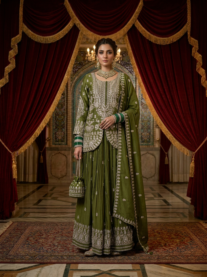Mehadi Green Chinon Palazzo Set With Dupatta