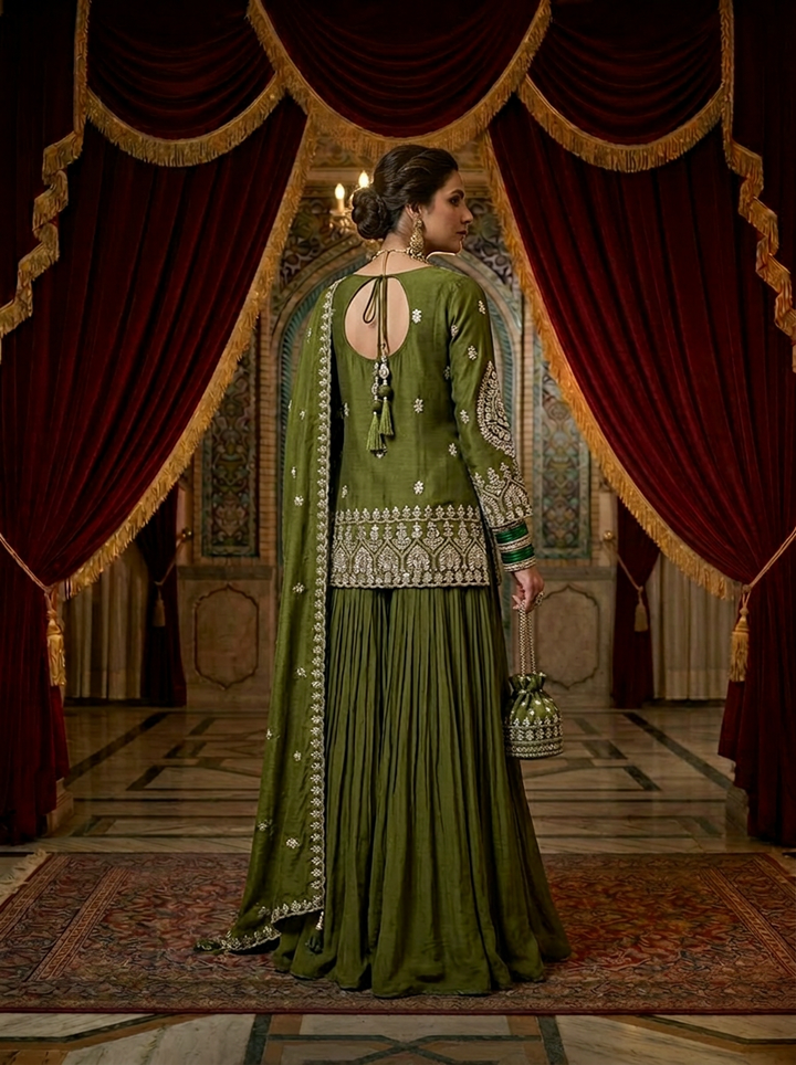 Mehadi Green Chinon Palazzo Set With Dupatta