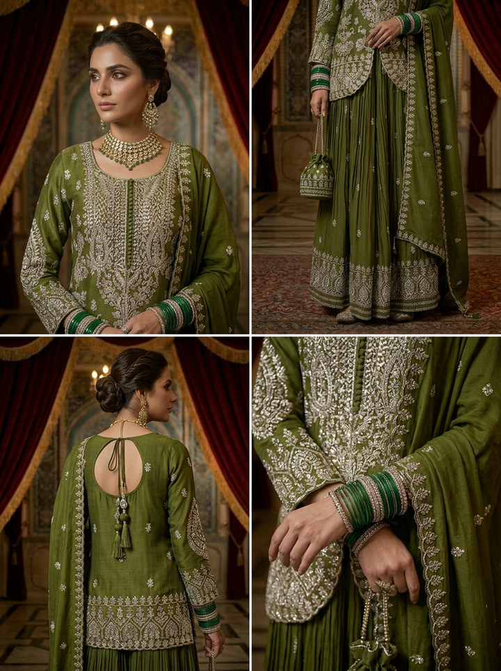 Mehadi Green Chinon Palazzo Set With Dupatta