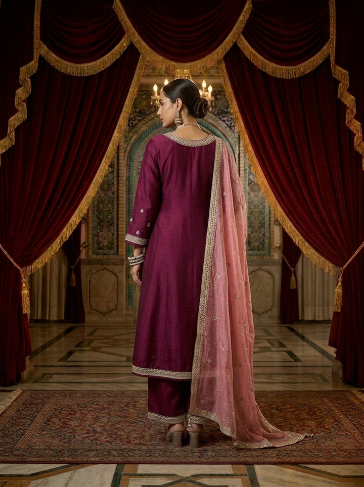 Maroon Silk Embroidery Three Piece Set