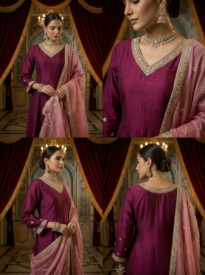 Maroon Silk Embroidery Three Piece Set