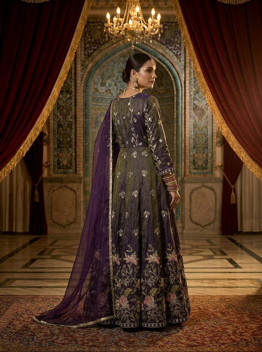 anarkali suit dress Neerus Purple Ethnic Hand Embroidered Tissue Anarkali Suit Set