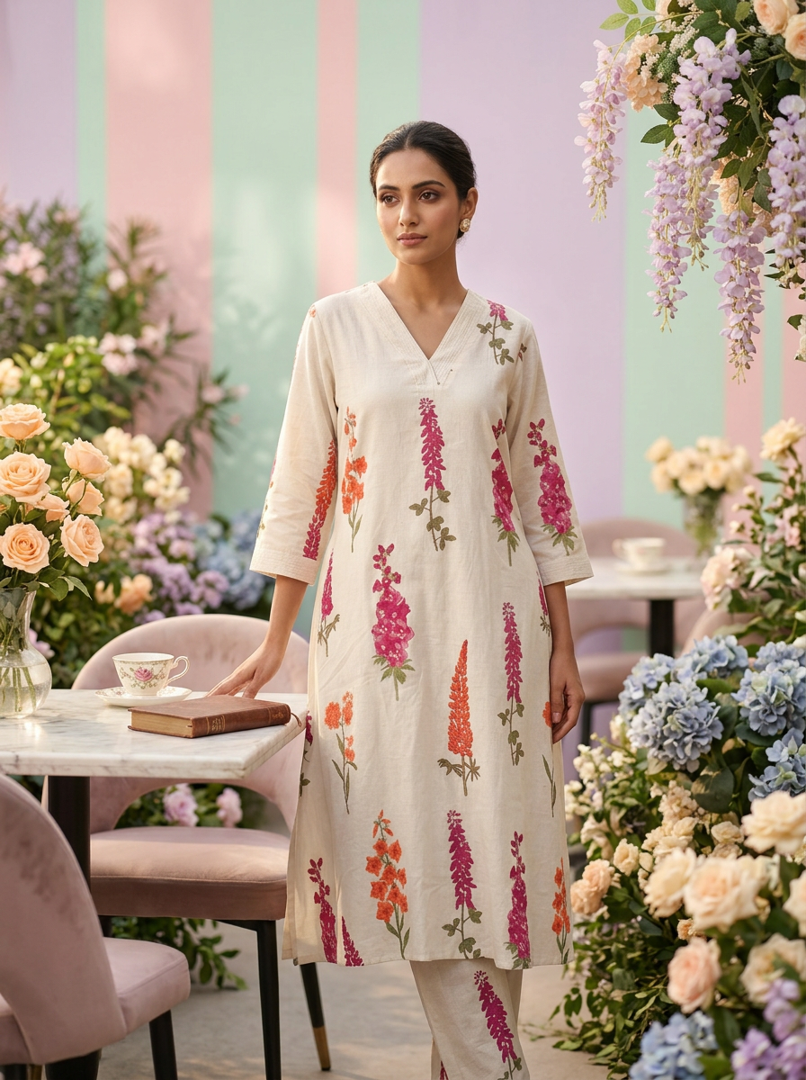 Neerus White cotton digital printed suit set - front view