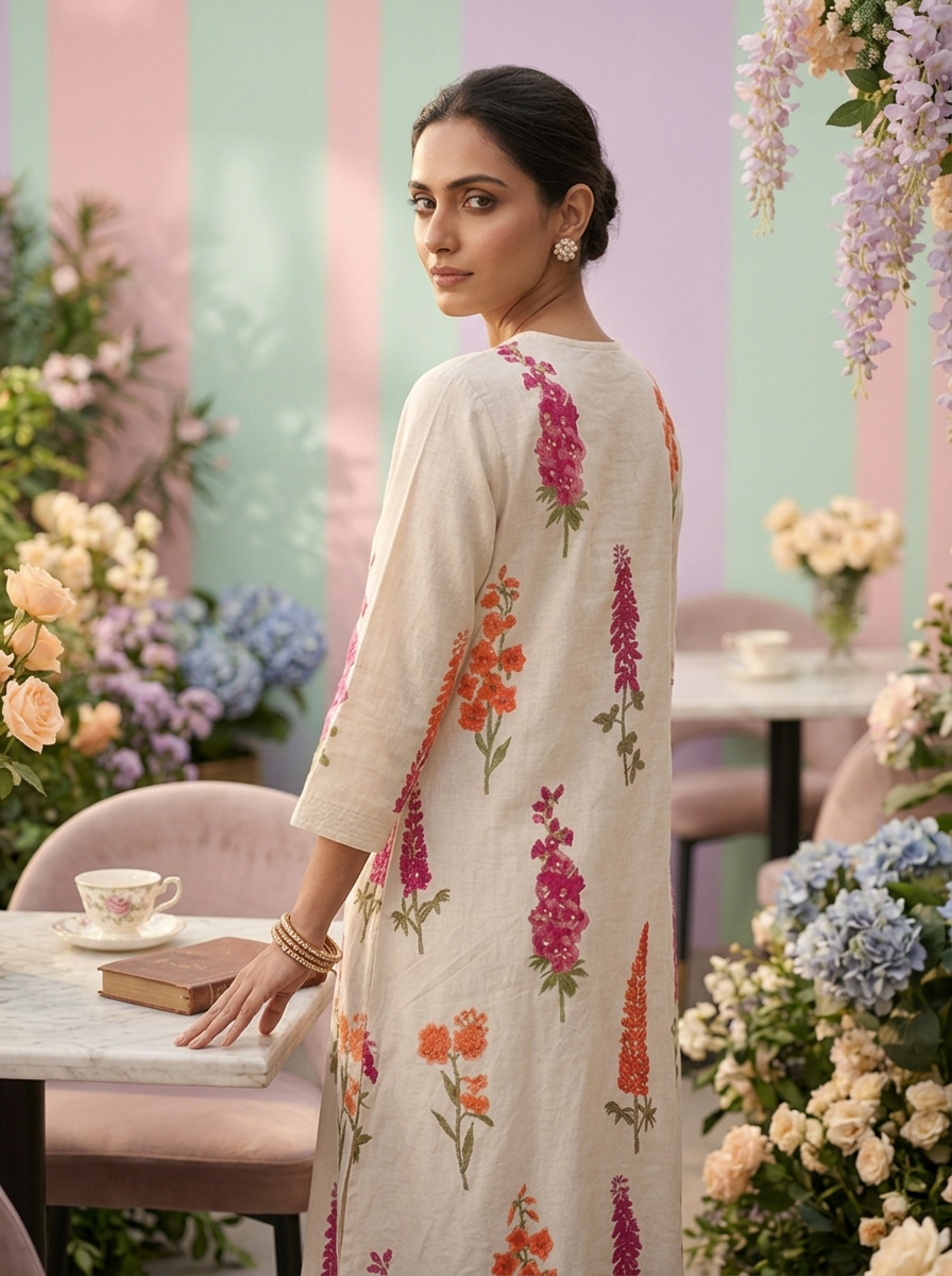 Neerus White cotton digital printed suit set - back view