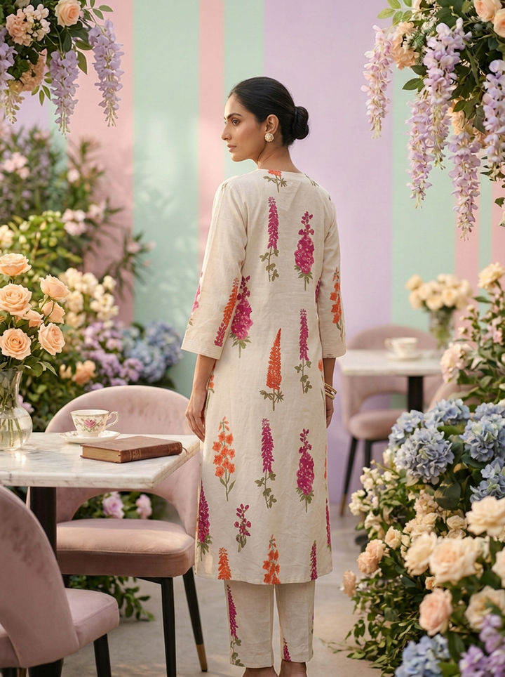 Neerus White cotton digital printed suit set - side view