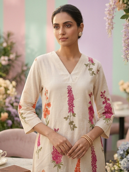 Neerus White cotton digital printed suit set - detail view 1