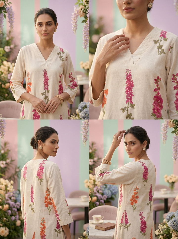 Neerus White cotton digital printed suit set - detail view 2