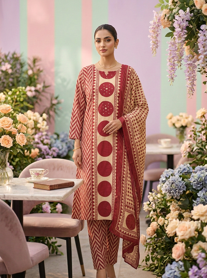 Neerus Maroon cotton printed suit set - front view