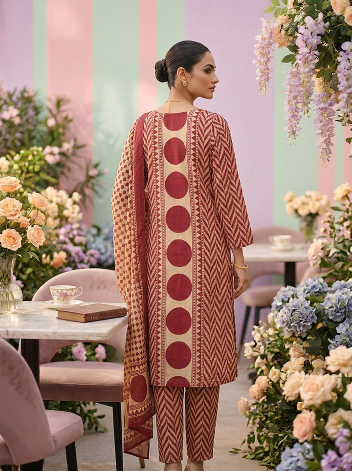 Neerus Maroon cotton printed suit set - back view