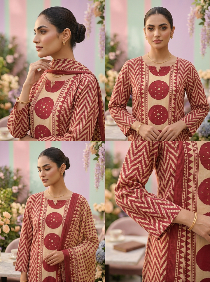 Neerus Maroon cotton printed suit set - side view
