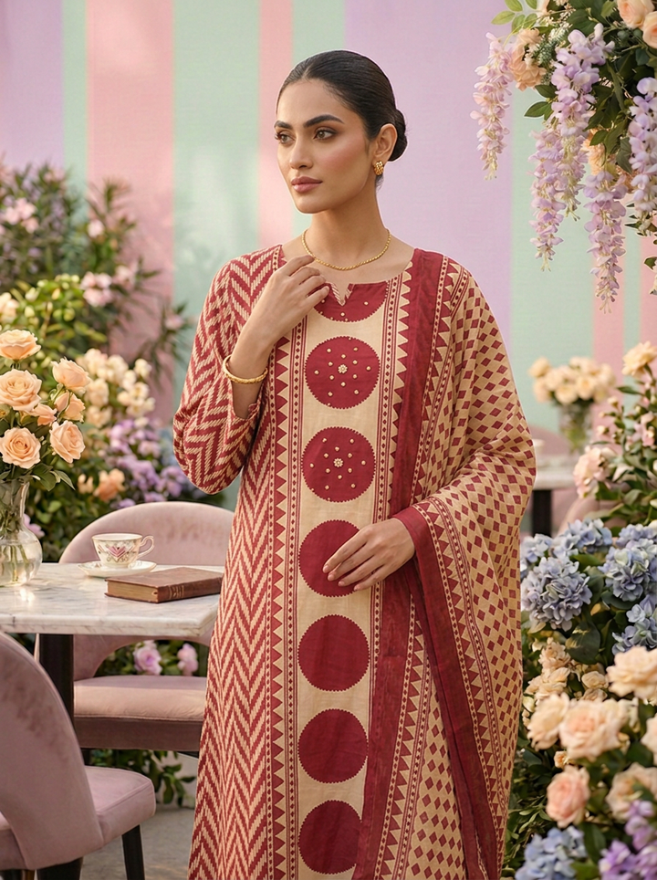 Neerus Maroon cotton printed suit set - detail view 1