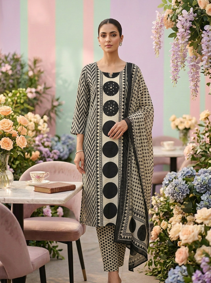 Neerus Black cotton printed suit set - front view