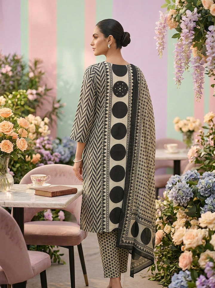 Neerus Black cotton printed suit set - back view