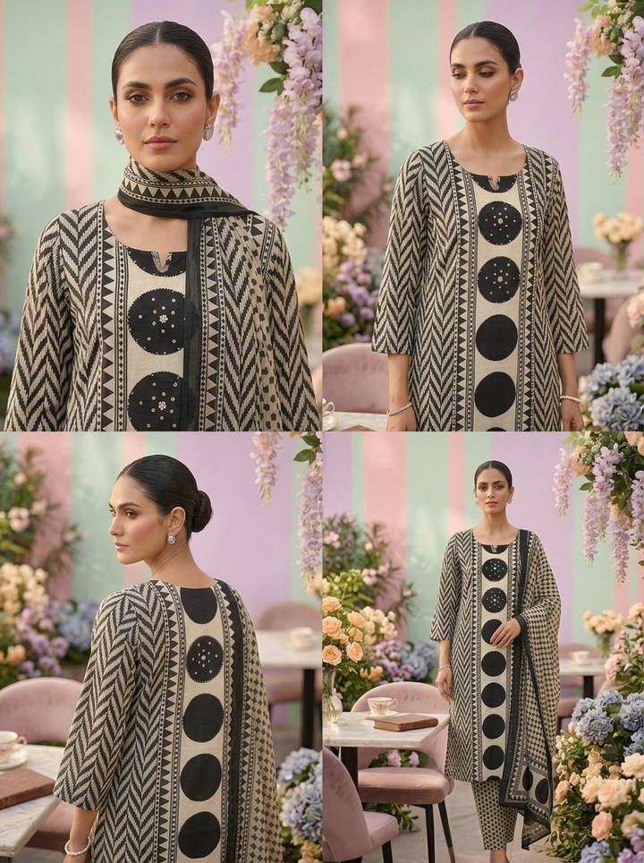 Neerus Black cotton printed suit set - side view