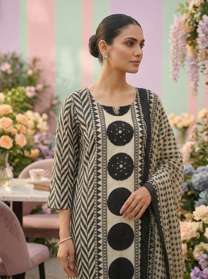 Neerus Black cotton printed suit set - detail view 2